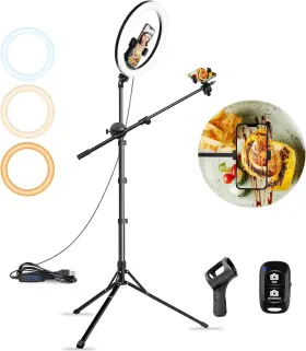 Aureday 445007319350 12 Inch Overhead Ring Light With Stand Dimmable Ringlight Phone And Mic