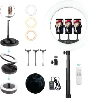 Foto&tech 707918626543 14 Inch Ring Light With Telescopic Stand 3 Phone Holders And Wireless Remote