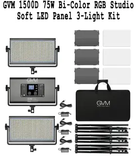 1500d Gvm 975885691855 -3l 75w Bi-color Rgb Studio Soft Led Panels Bluetooth Ctrl 3-light Kit
