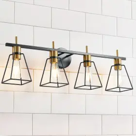 Hahzt 763854020524 Industrial Bathroom Vanity Lights 4 Light Black And Gold Vintage Metal Cage Wal