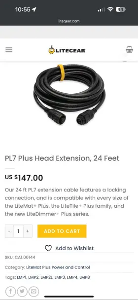 Ca1.00144 Litegear Genuine Pl7 - Litemat Plus 24ft Head Extension Cable 7 Pin
