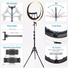 Rp19h Neewer Touch Control Ring Light 19 Inch With Stand And 3 Phone Holders