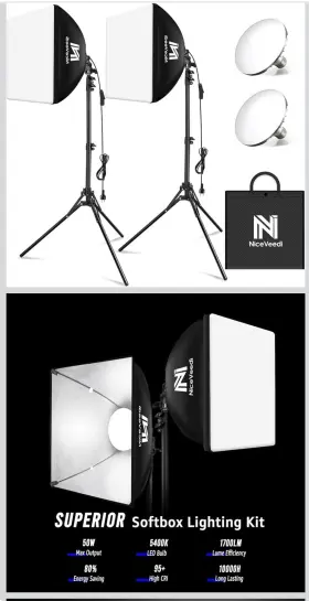 Nv-sl5070 Niceveedi Softbox Lighting Kit 16x16 Inch Duo With Tripods Led Bulbs Continuous Soft Li
