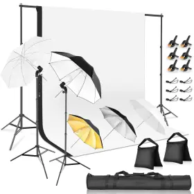 Qf-bsk6510bw-l Qoolfoto 7x10ft Photography Umbrella Lighting Kit With Backdrop White Black 50w Led
