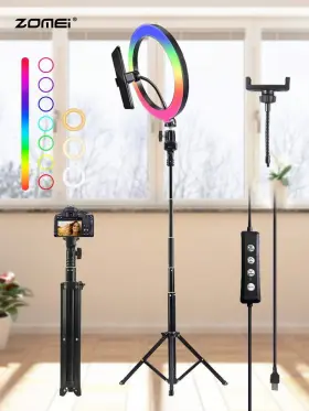 Universal 629722867564 10 Inch Circular Selfie Ring Light With Sliding Tripod 130cm Height And Phone Holder