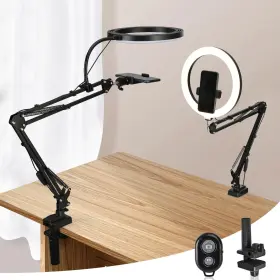 Weiibdie 727458221596 Overhead Camera Mount With 10 Inch Selfie Ring Light Adjustable Phone Arm Stand