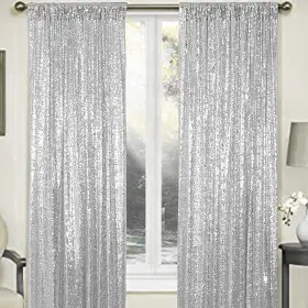 1-s28-2 Wispet Silver Sequin Backdrop Curtains - 2 Panel 2ftx8ft Glitter Drapes For Wedding