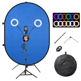 Xcceries 767571297665 7x5 Ft Dual Side Green Blue Popup Backdrop Stand 7 Inch Rgb Led Ring Light For Live