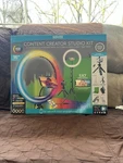 Bower Content Creator Studio Kit 16" Rgb Ring Light, Tripod, Green Screen, Remo. Fixed Price $45.00.