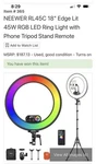 Neewer RL45C 18" Edge Lit 45W Rgb Led Ring Light Remote & App Control. Fixed Price $100.00.