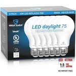 Great Eagle A19 Led Bulbs 75 Watt Equivalent - Listed 6 Pack 5000K Daylight. Fixed Price $24.22.