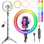 Weilisi 10" Ring Light With Stand 72'' Tall & Phone HOLDER,38 10, Rgb Colors. Fixed Price $42.99.