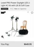 Lowel Pro Power Daylight Led Lights 2-LIGHT Kit W/ Stands No Supplies. Fixed Price $100.00.